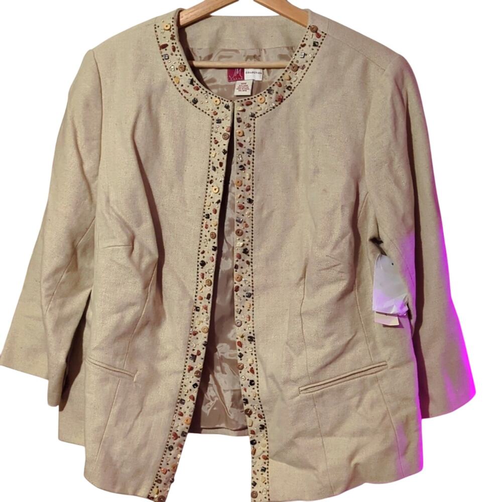 NWT JM Collection 18W Cream/Beige Linen Blend Blazer with Embellishments [0153]